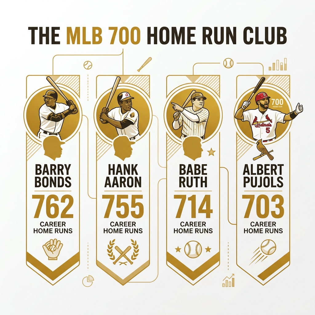 Infographic showing the four members of the MLB 700 home run club with career totals - albert pujols 700 infographic 