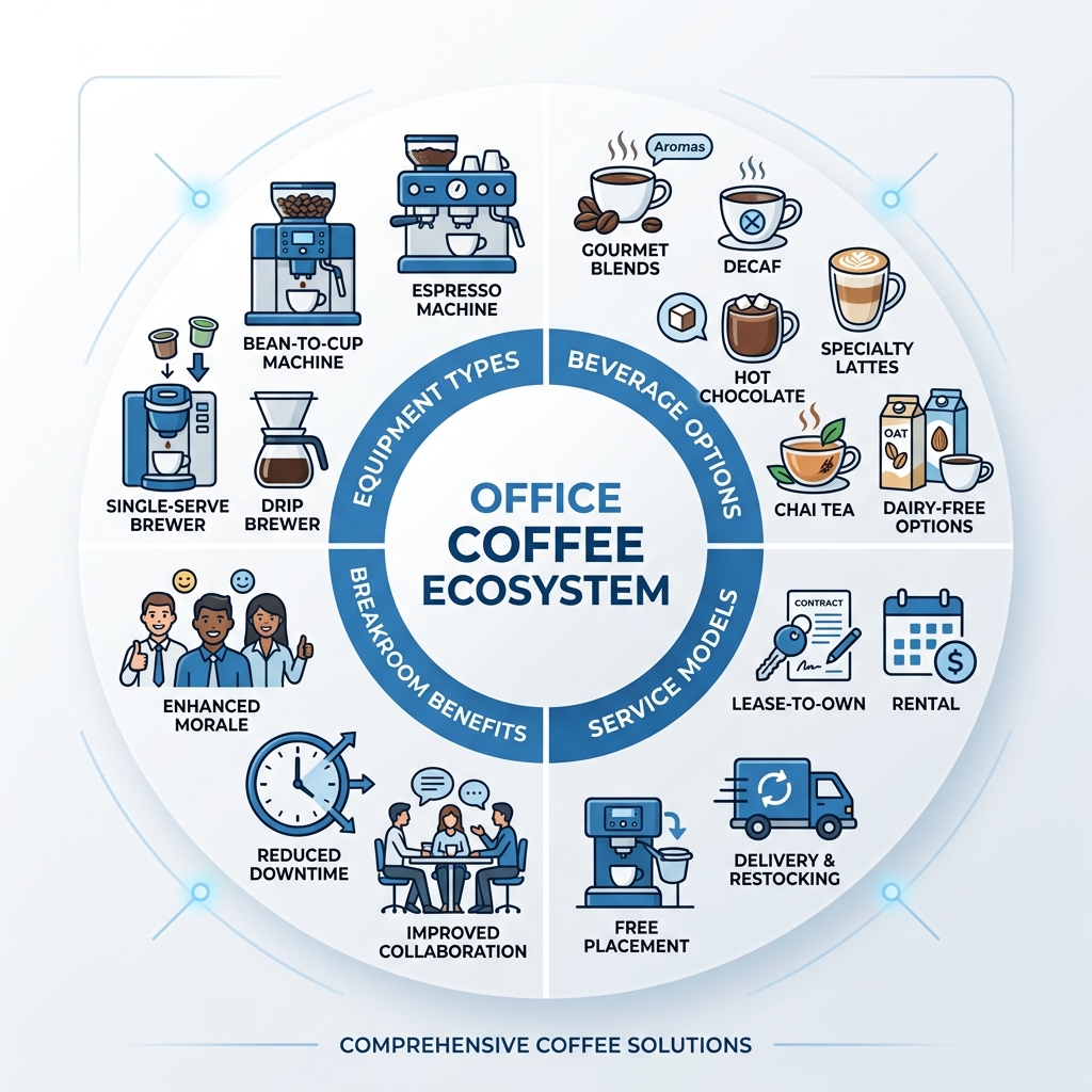 Office coffee ecosystem infographic showing equipment types, beverage options, service models, and breakroom benefits Office coffee ecosystem infographic showing equipment types, beverage options, service models, and breakroom benefits