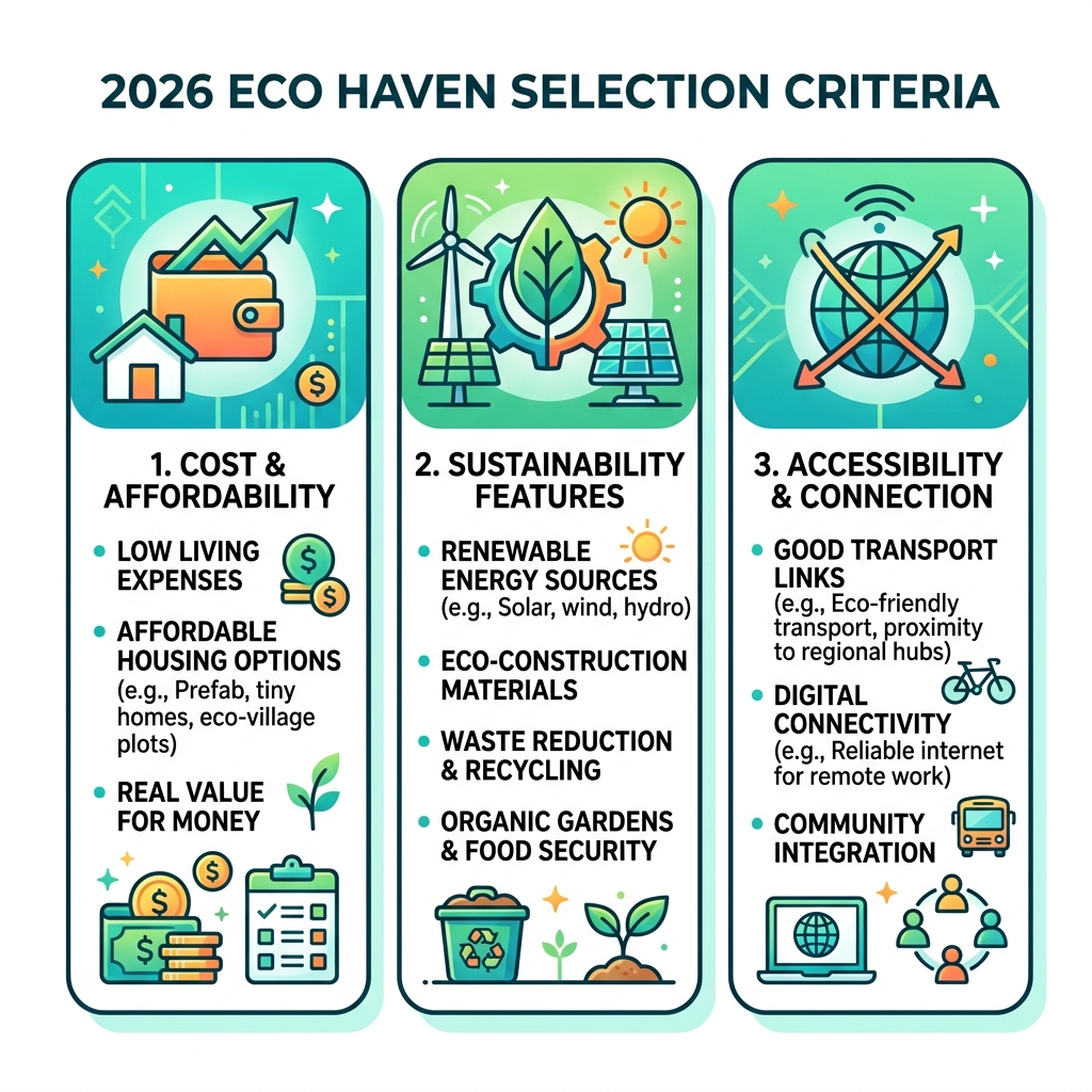 Infographic showing 2026 eco haven selection criteria including cost, sustainability features, and accessibility - 2026 Infographic showing 2026 eco haven selection criteria including cost, sustainability features, and accessibility - 2026
