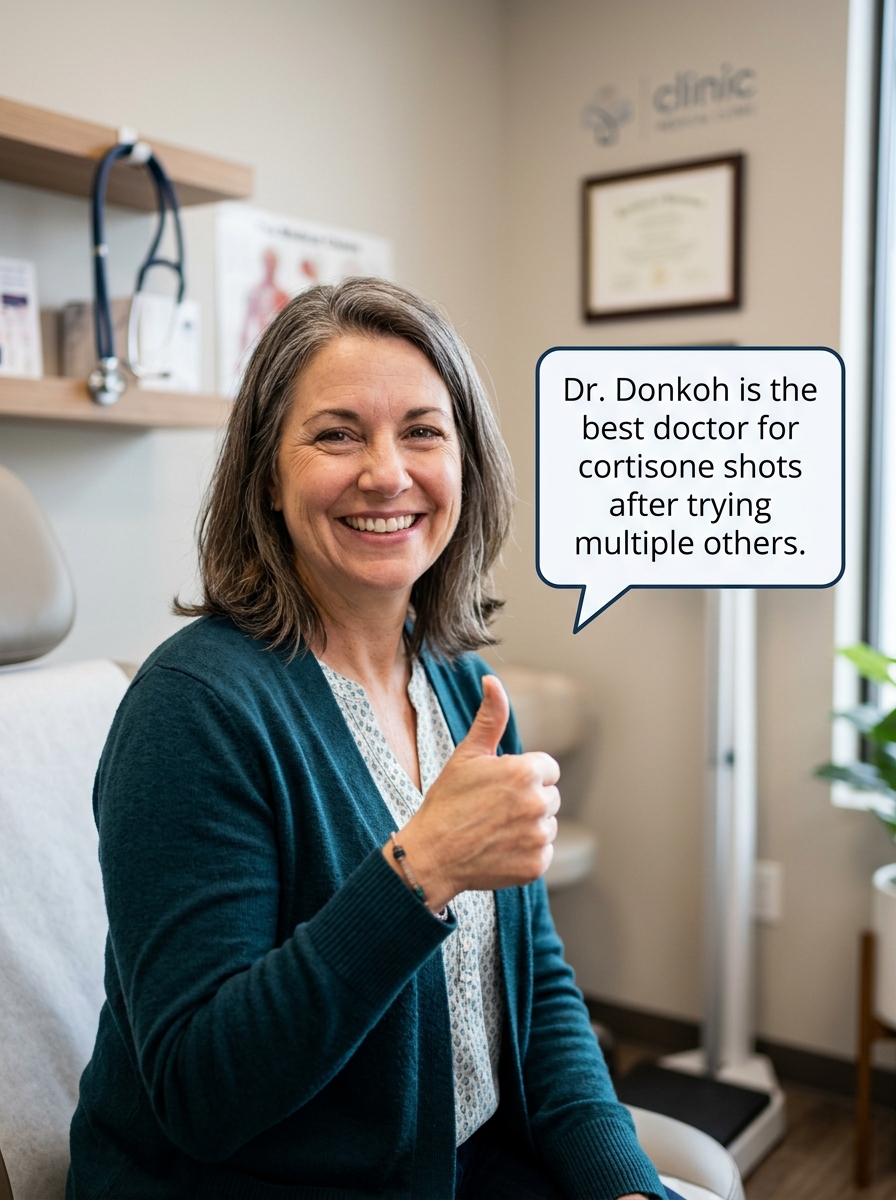 Patient testimonial quote: "Dr. Donkoh is the best doctor for cortisone shots after trying multiple others." - Midwest Pain