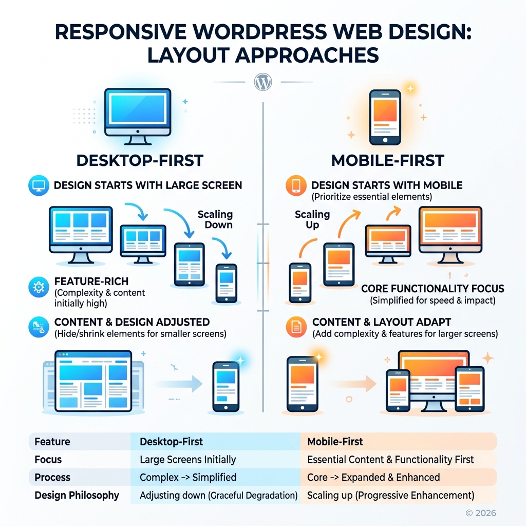 Infographic showing desktop-first vs mobile-first layout approach in responsive WordPress web design - Responsive WordPress Infographic showing desktop-first vs mobile-first layout approach in responsive WordPress web design - Responsive WordPress