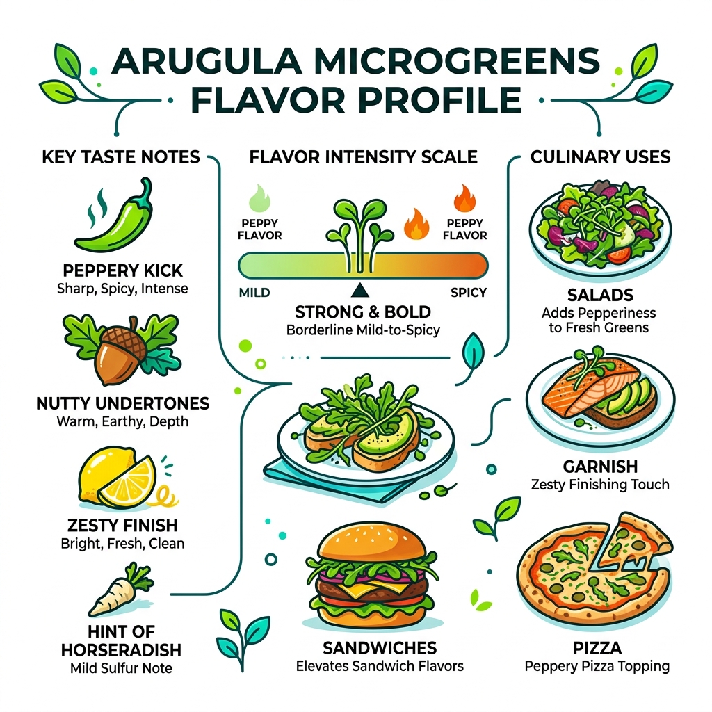 Arugula microgreens flavor profile — key taste notes, intensity scale, and culinary uses infographic - arugula microgreens