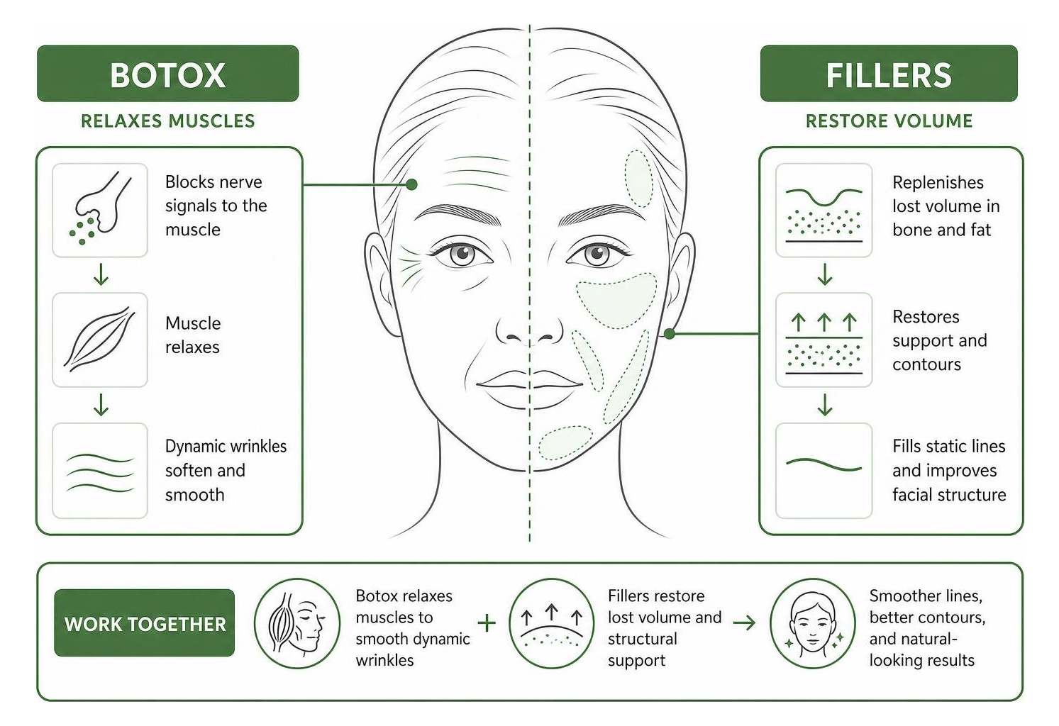 Diagram showing how Botox relaxes muscles while fillers restore bone and fat volume loss Diagram showing how Botox relaxes muscles while fillers restore bone and fat volume loss