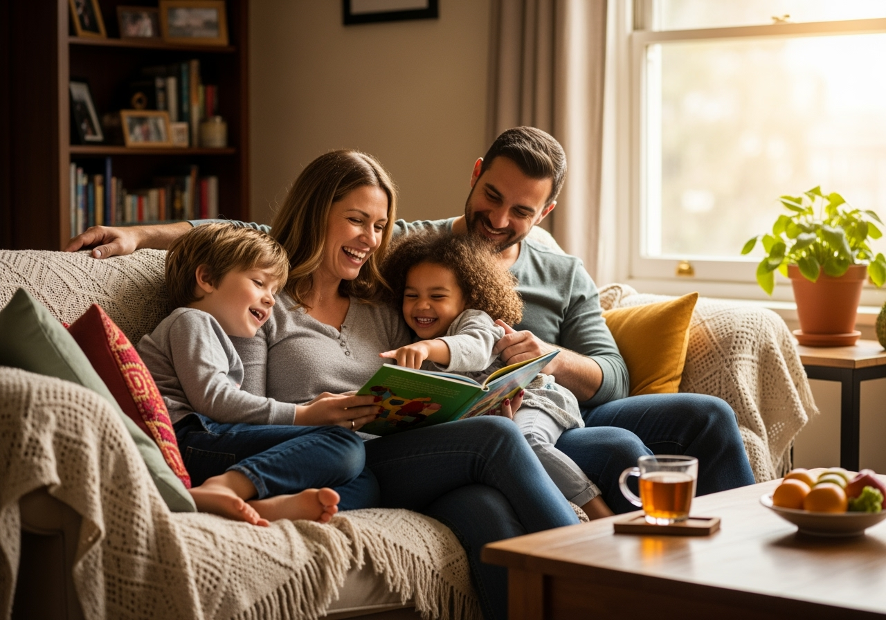 happy family relaxing together in their comfortable home - ac repair rockaway nj