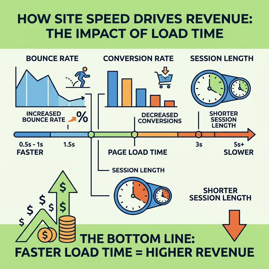 Infographic showing speed-to-revenue correlation: load time vs. bounce rate, conversions, and session length - performance