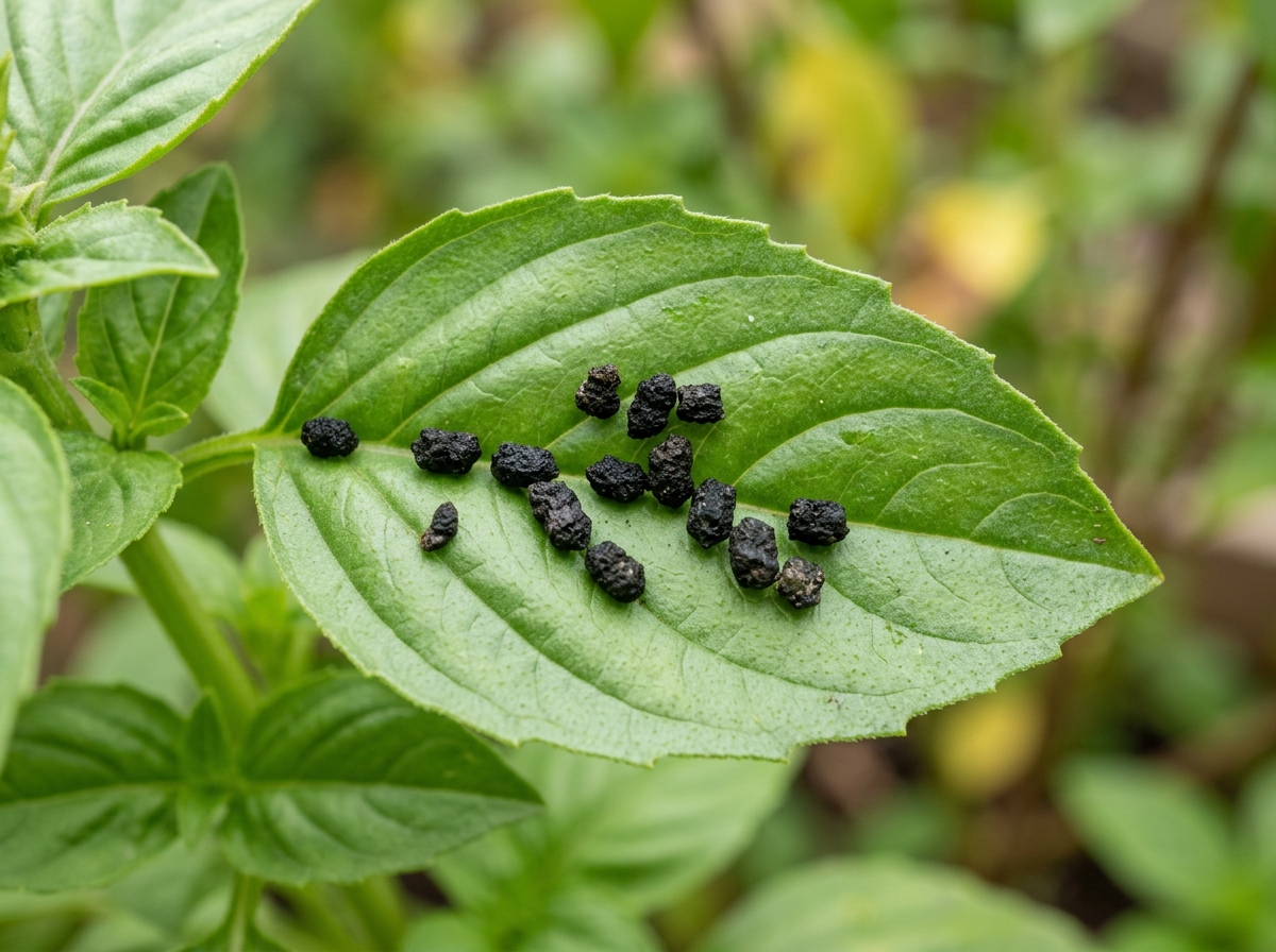 Close-up of black caterpillar frass (droppings) on a basil leaf - basil plant pests identification
