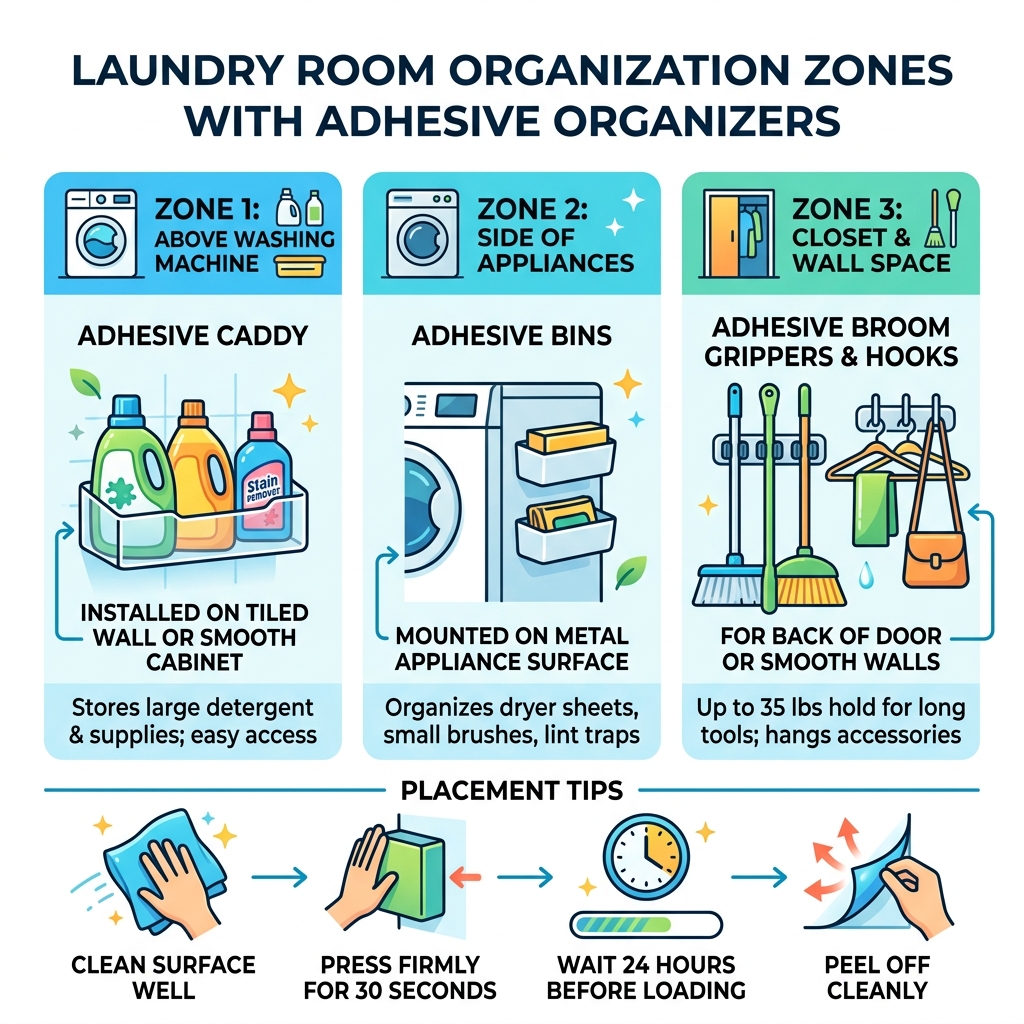 Infographic showing laundry room organization zones with adhesive organizer types and placement tips - adhesive laundry room Infographic showing laundry room organization zones with adhesive organizer types and placement tips - adhesive laundry room
