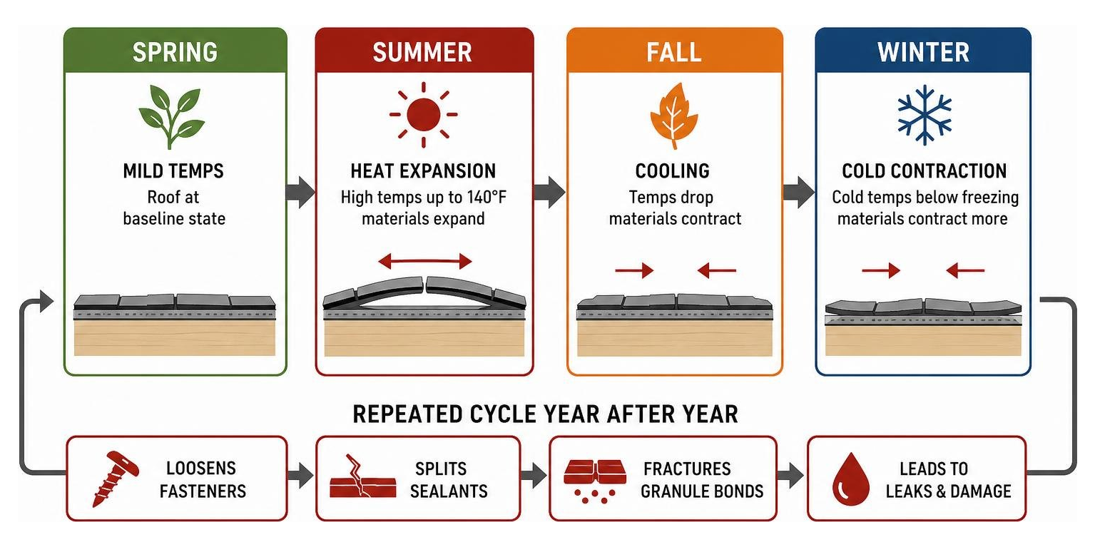 Infographic showing thermal expansion and contraction cycle on Arkansas roofing materials across four seasons