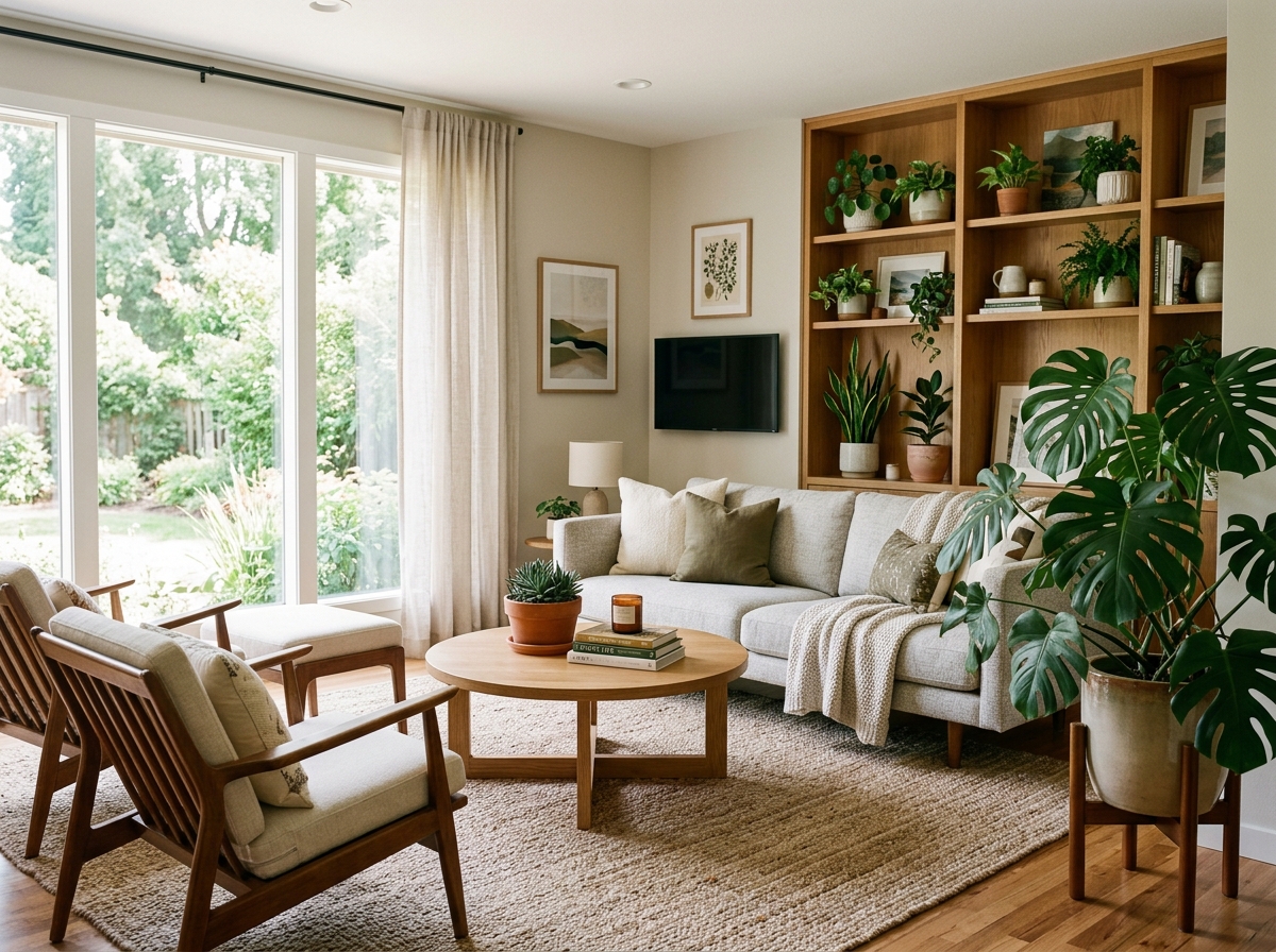 A beautifully styled living room with a large Monstera and smaller shelf plants - plants decoration ideas at home A beautifully styled living room with a large Monstera and smaller shelf plants - plants decoration ideas at home