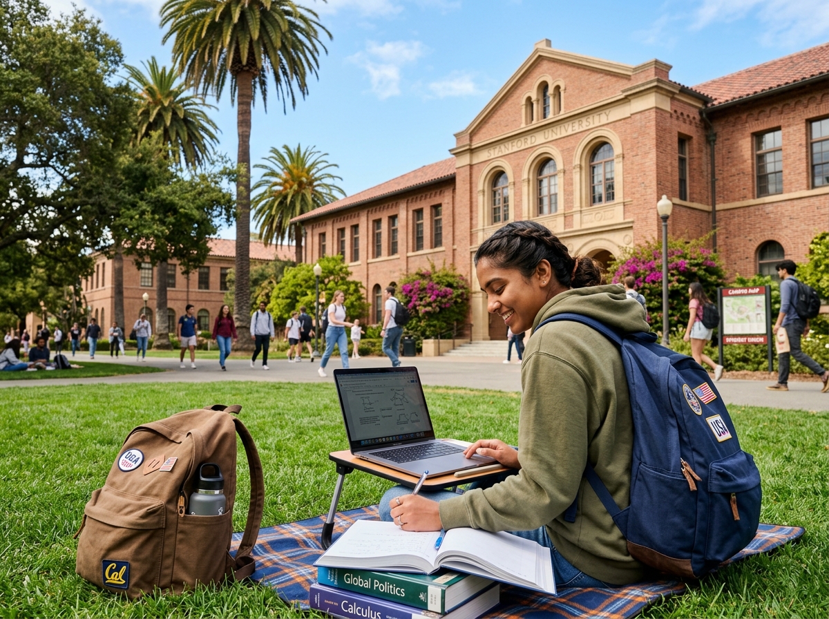 International student studying on a sunny US university campus - travel insurance usa student