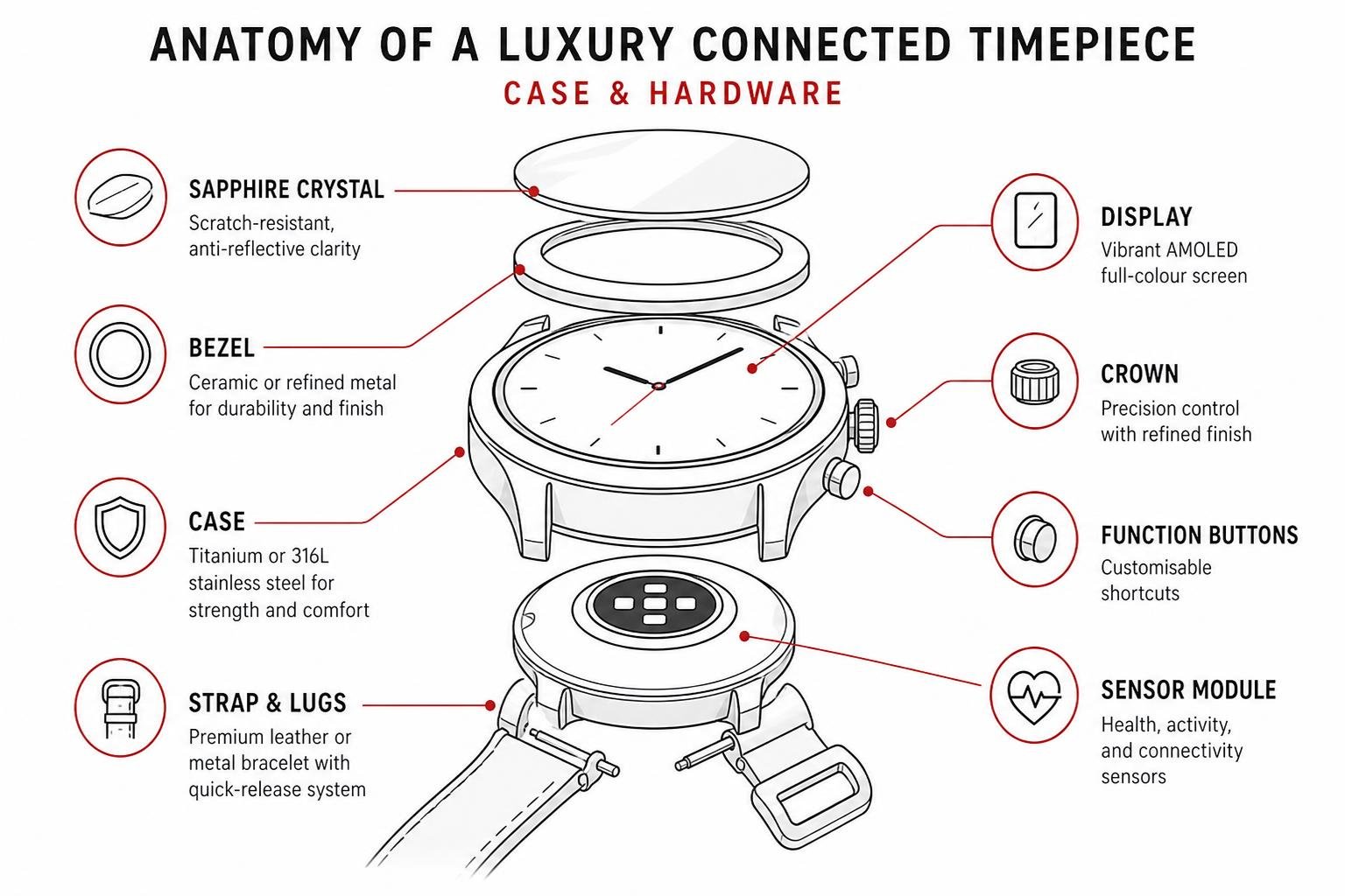 Anatomy of a luxury connected timepiece case and hardware