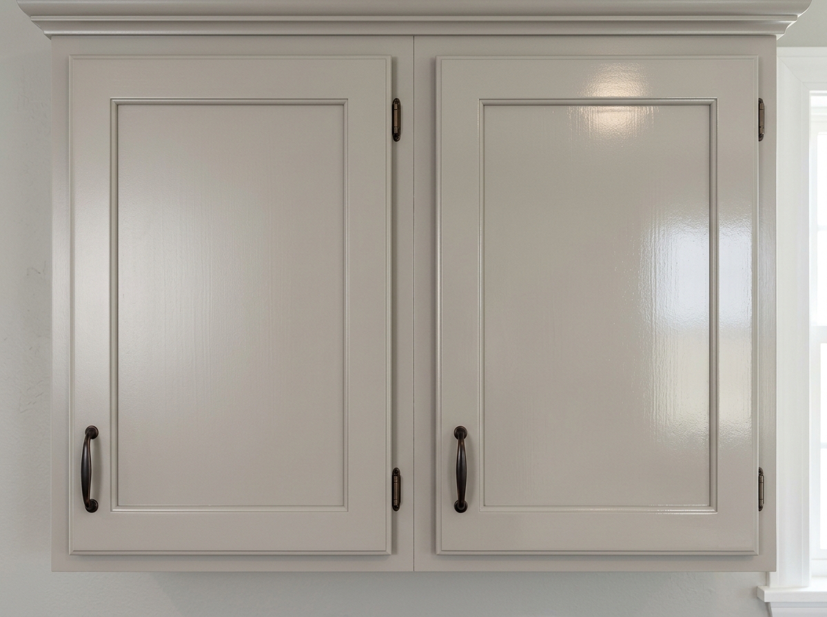 Comparison of satin and semi-gloss cabinet panels showing different light reflection levels - semi gloss vs satin for Comparison of satin and semi-gloss cabinet panels showing different light reflection levels - semi gloss vs satin for