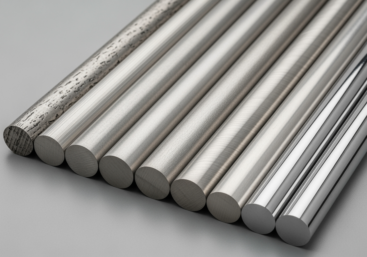 different finishes of 347 stainless round bar, from rough turned to polished - 347 stainless round bar