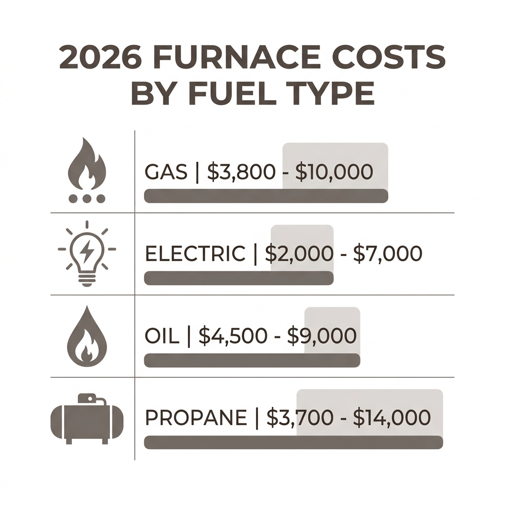 Table comparing 2026 furnace costs by fuel type: Gas ($3,800-$10,000), Electric ($2,000-$7,000), Oil ($4,500-$9,000)