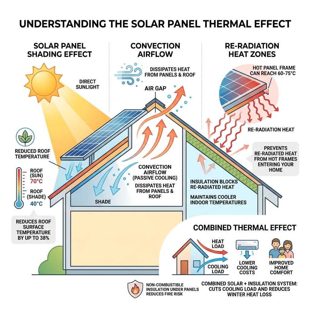 Infographic showing solar panel shading effect, convection airflow, and re-radiation heat zones on a roof cross-section Infographic showing solar panel shading effect, convection airflow, and re-radiation heat zones on a roof cross-section