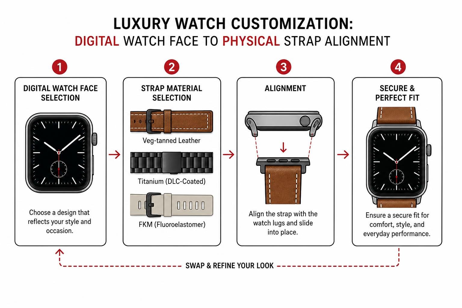 Luxury watch customization: digital watch face to physical strap alignment