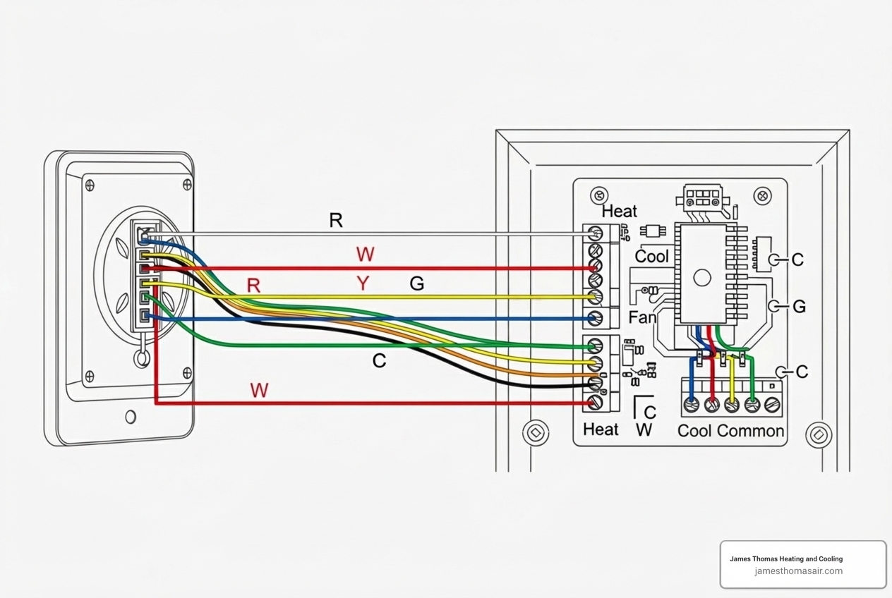 A simplified diagram showing thermostat wiring connecting to a furnace control board, with labeled wires like R, W, G, C - heating not working thermostat