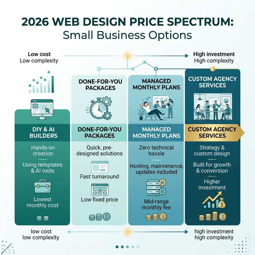 2026 web design price spectrum from DIY builders to custom agency services - affordable website design infographic 2026 web design price spectrum from DIY builders to custom agency services - affordable website design infographic