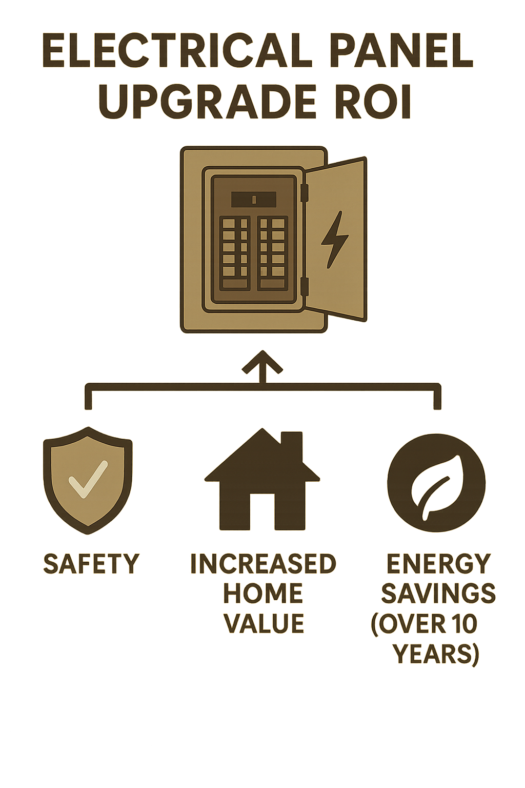 Electrical panel upgrade ROI infographic highlighting safety, increased home value, and energy savings over 10 years.