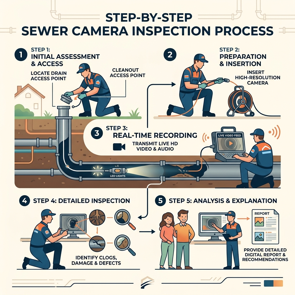 Step-by-step sewer camera inspection process infographic - Drain pipe inspection infographic Step-by-step sewer camera inspection process infographic - Drain pipe inspection infographic