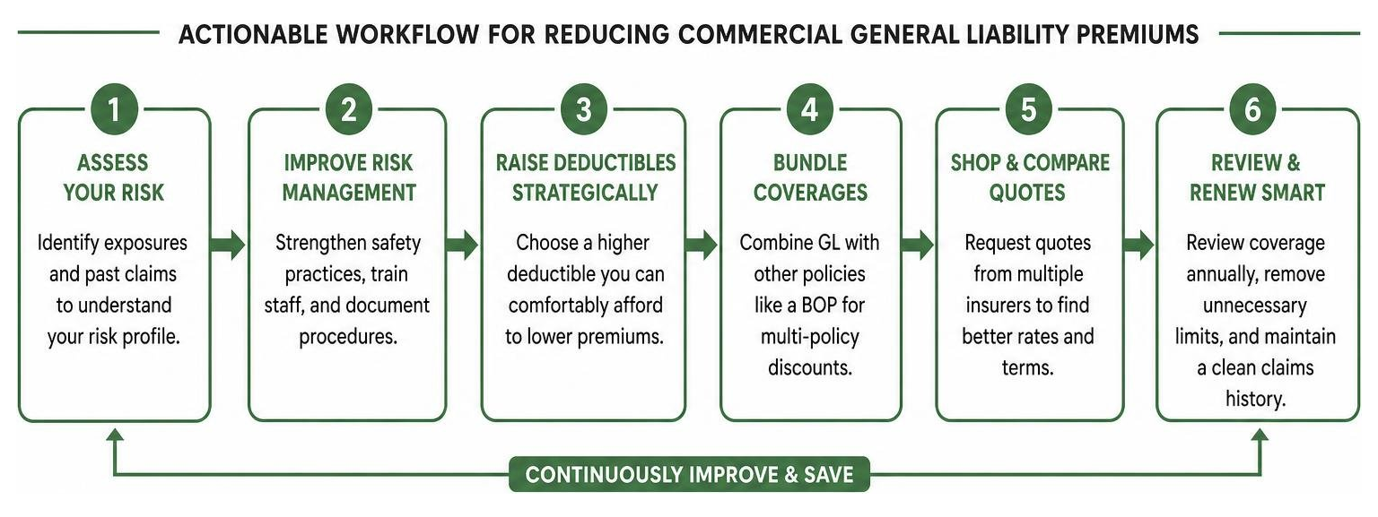 Actionable workflow for reducing commercial general liability premiums