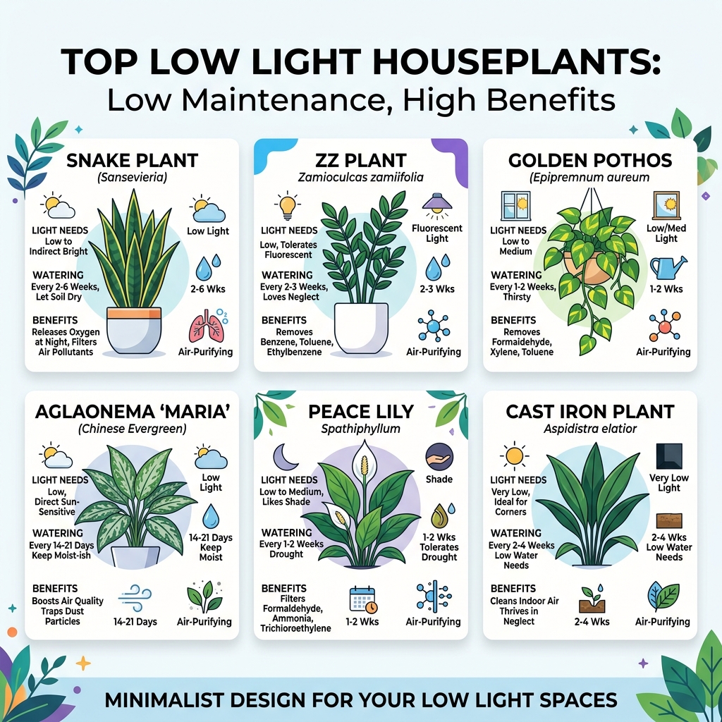 Infographic showing top low light houseplants, their light needs, watering schedule, and air-purifying benefits - best low
