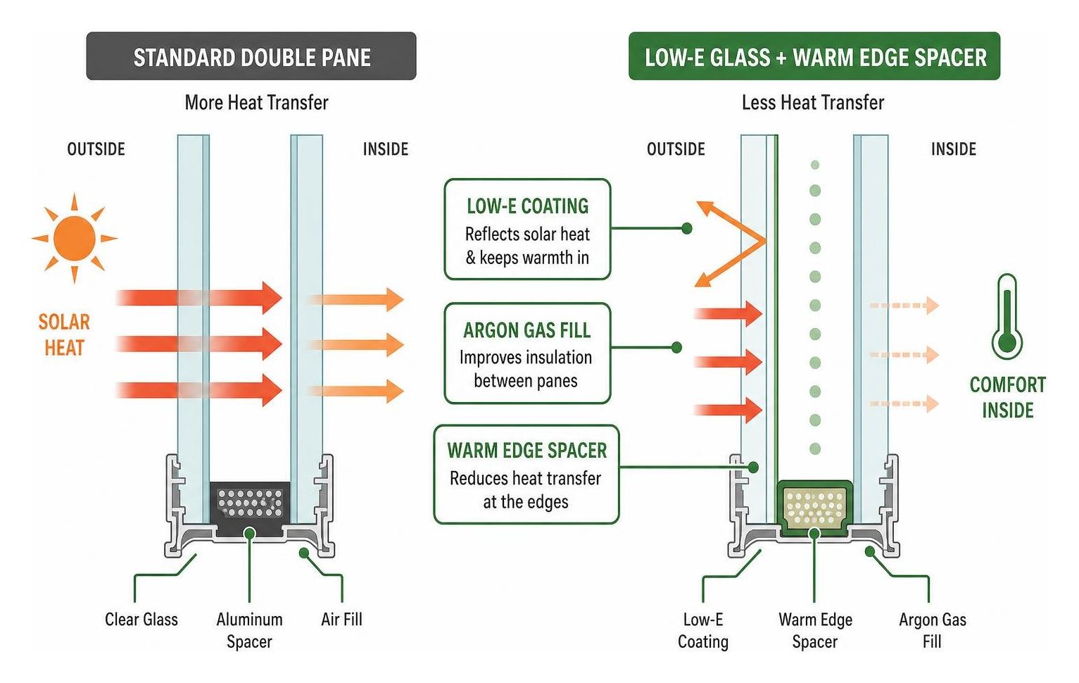 comparison diagram showing how Low-E glass and spacers block heat transfer comparison diagram showing how Low-E glass and spacers block heat transfer