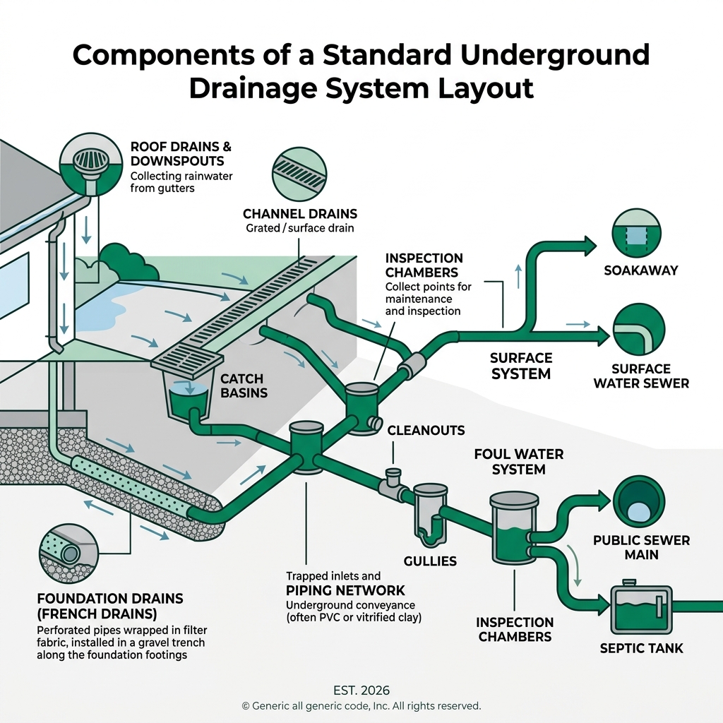 Components of a standard underground drainage system layout - below ground drainage system infographic Components of a standard underground drainage system layout - below ground drainage system infographic