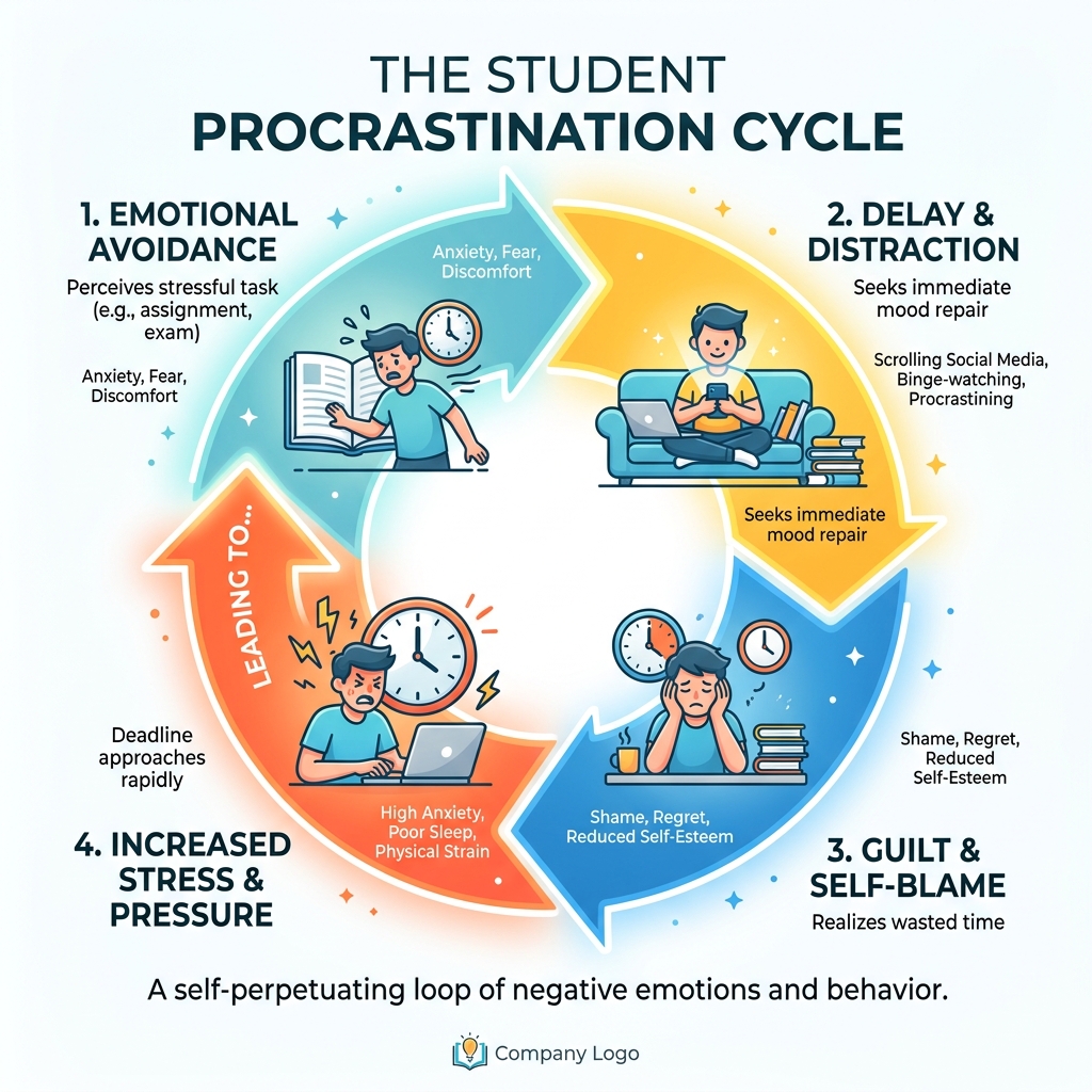 cycle of procrastination showing emotional avoidance, delay, guilt, and increased stress loop - effects of procrastination cycle of procrastination showing emotional avoidance, delay, guilt, and increased stress loop - effects of procrastination