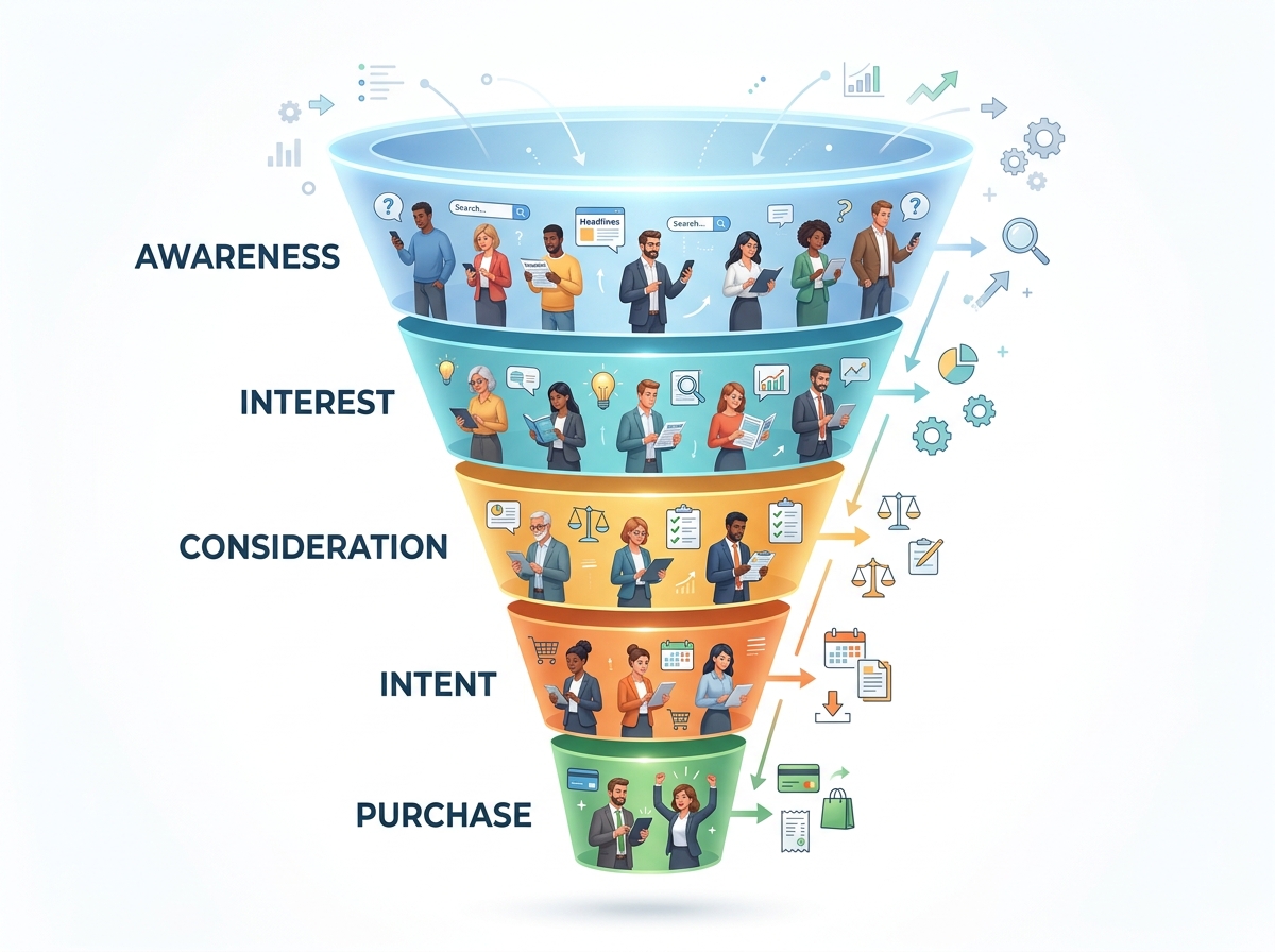 Visual representation of the five-stage acquisition funnel: Awareness, Interest, Consideration, Intent, Purchase