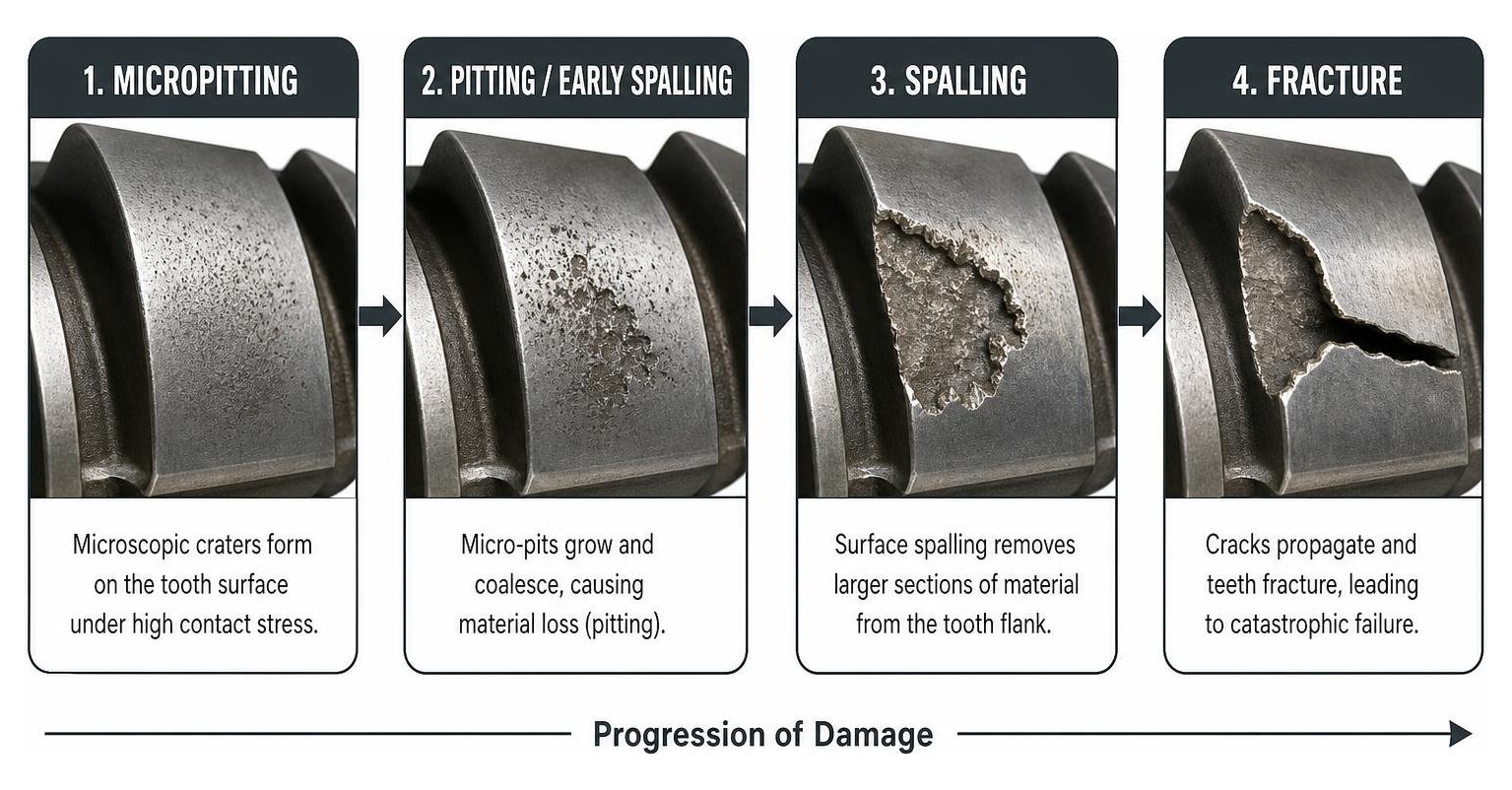 Progression of gear tooth wear from micropitting to spalling and fracture Progression of gear tooth wear from micropitting to spalling and fracture