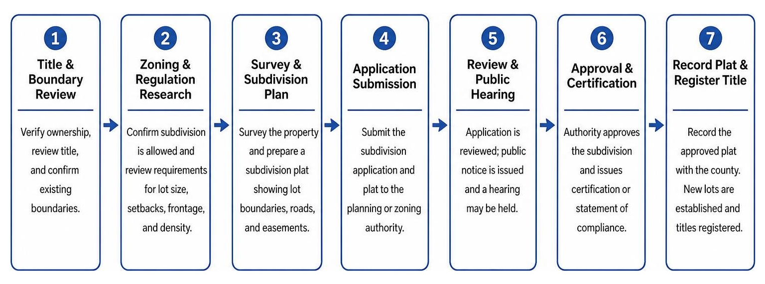 Step-by-step process diagram of land subdivision from survey to title registration