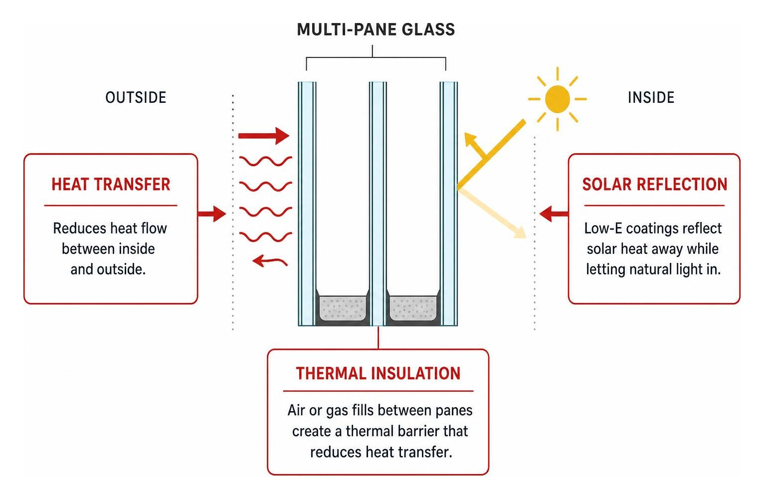 diagram illustrating heat transfer, solar reflection, and thermal insulation through multi-pane glass diagram illustrating heat transfer, solar reflection, and thermal insulation through multi-pane glass
