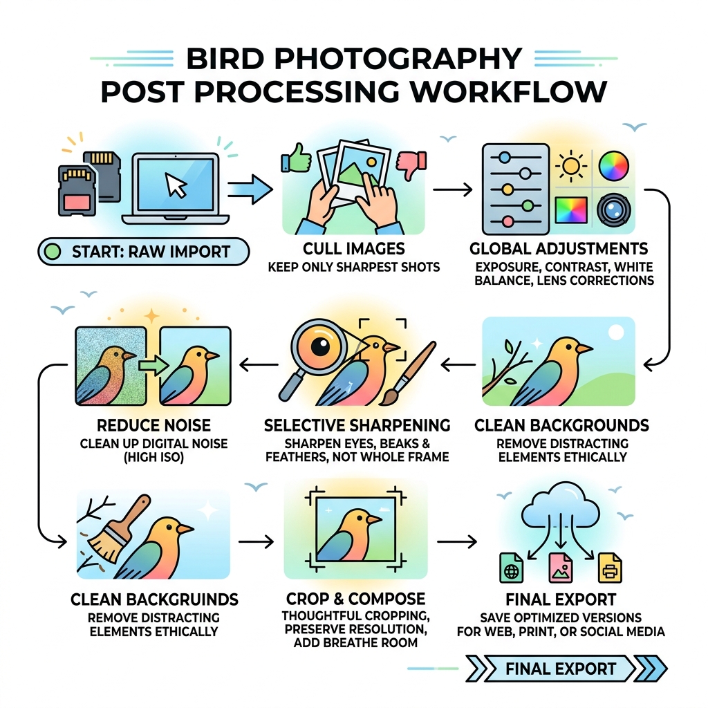 Bird photography post processing workflow from RAW import to final export infographic - bird photography post processing
