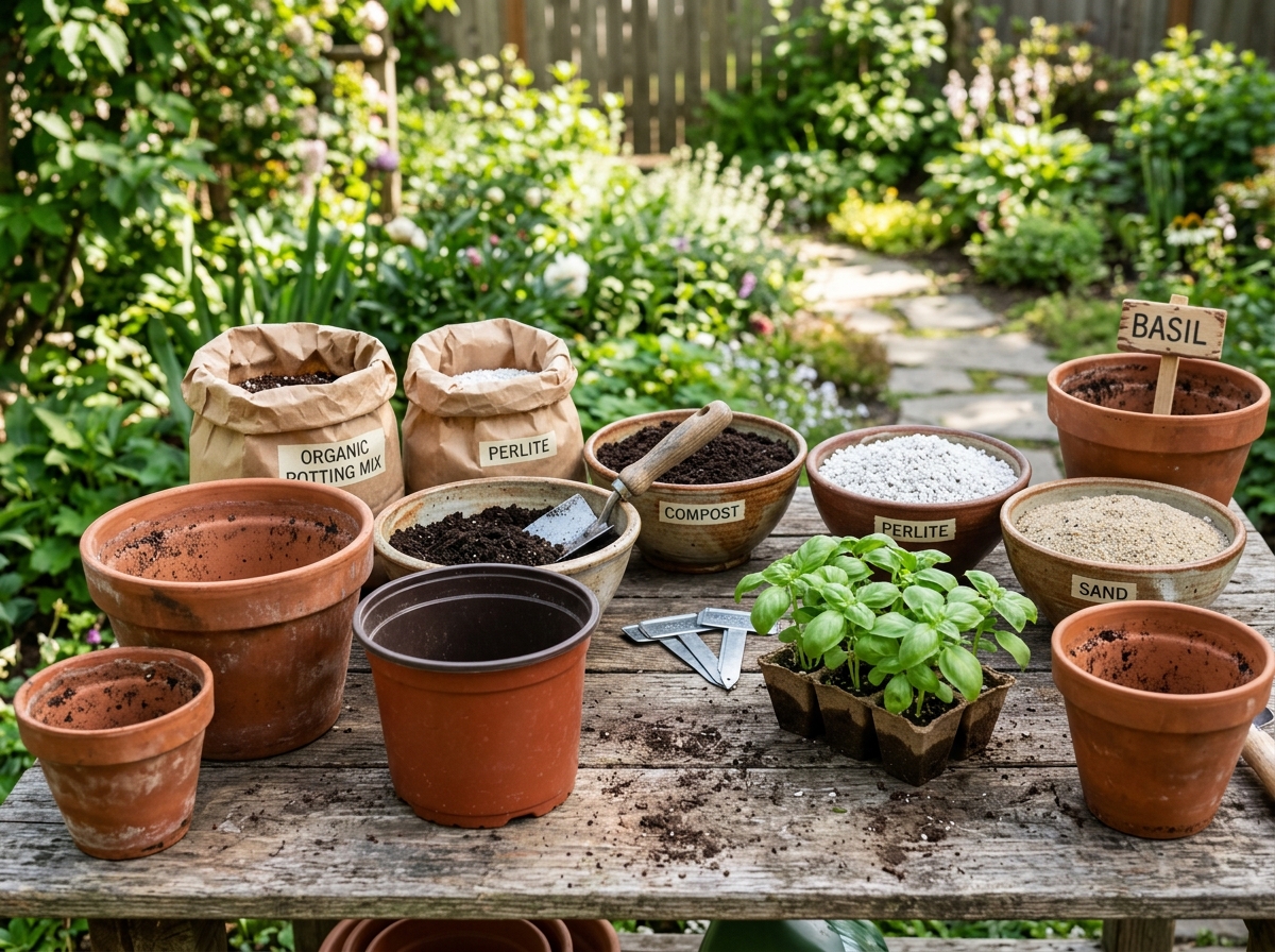 Various pot sizes and organic potting mixes ready for planting - planting sweet basil in pots Various pot sizes and organic potting mixes ready for planting - planting sweet basil in pots