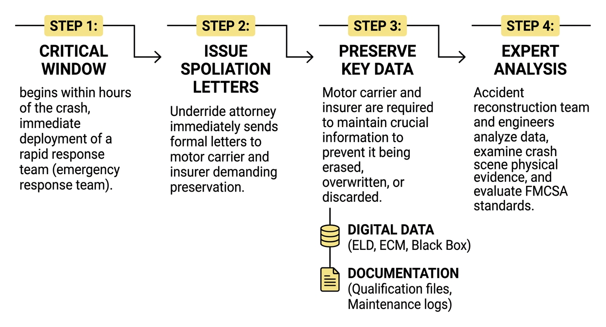 Diagram showing critical evidence preservation workflow after a truck accident