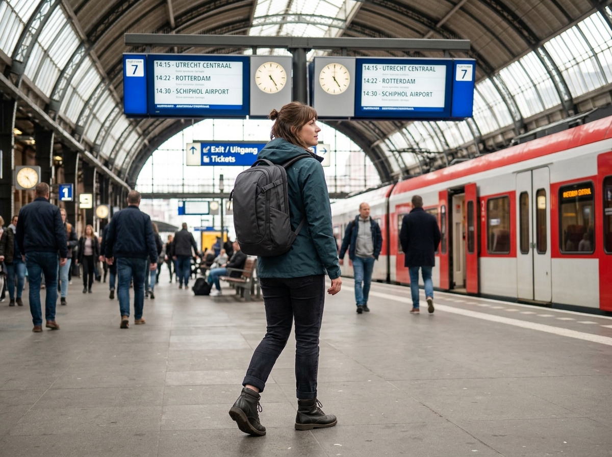 Traveler walking easily through a crowded train station with one backpack - lightweight packing tips Traveler walking easily through a crowded train station with one backpack - lightweight packing tips
