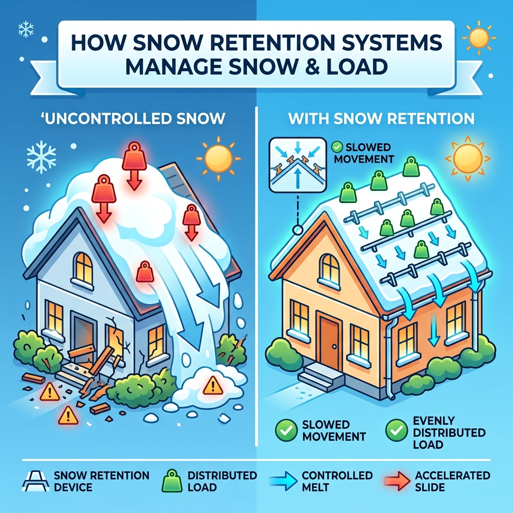 Infographic showing how snow retention systems slow snow movement and distribute roof load evenly - mounting systems snowy