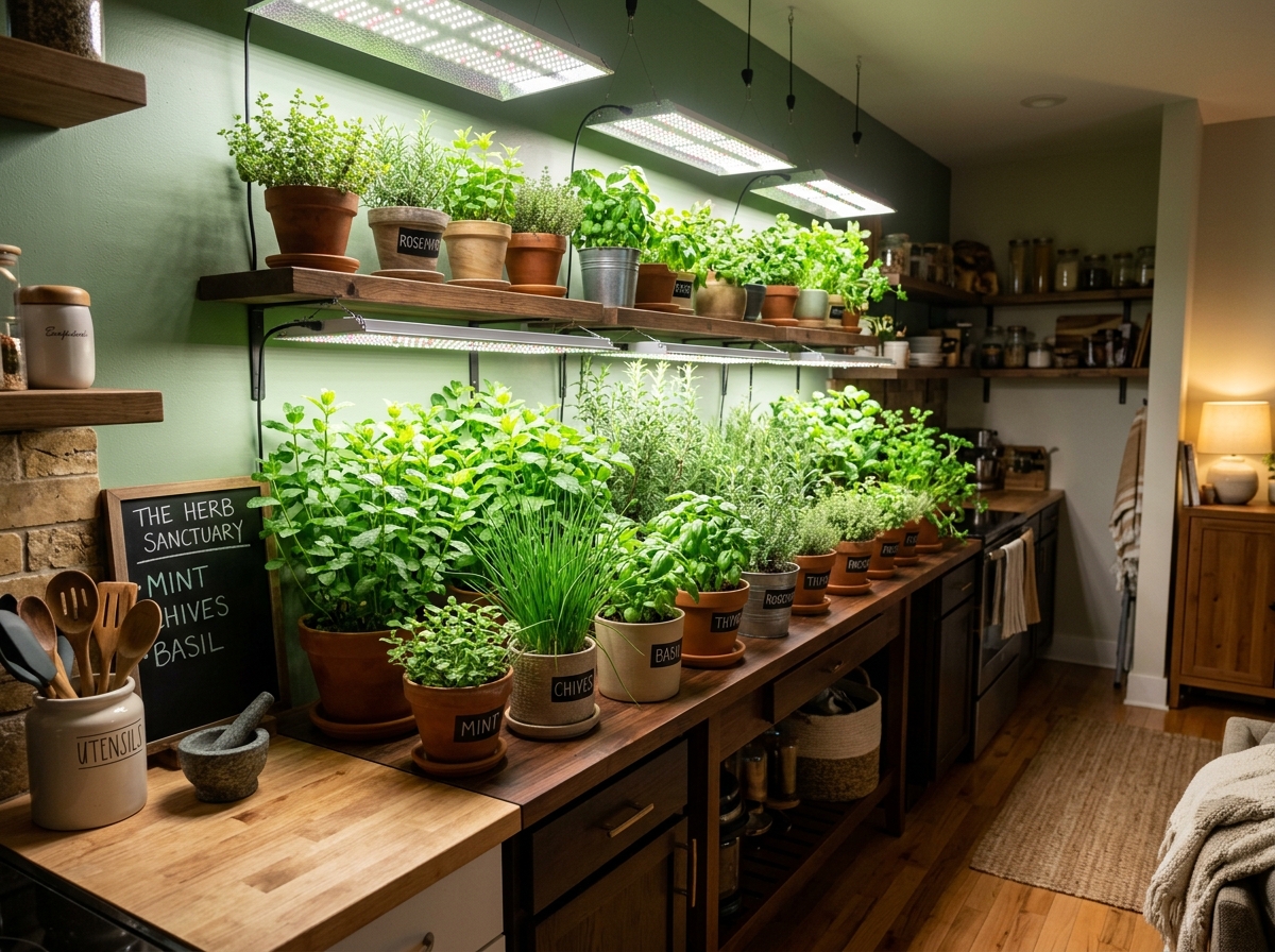 A windowless room transformed into a lush green herb sanctuary - grow herbs indoors without sunlight A windowless room transformed into a lush green herb sanctuary - grow herbs indoors without sunlight