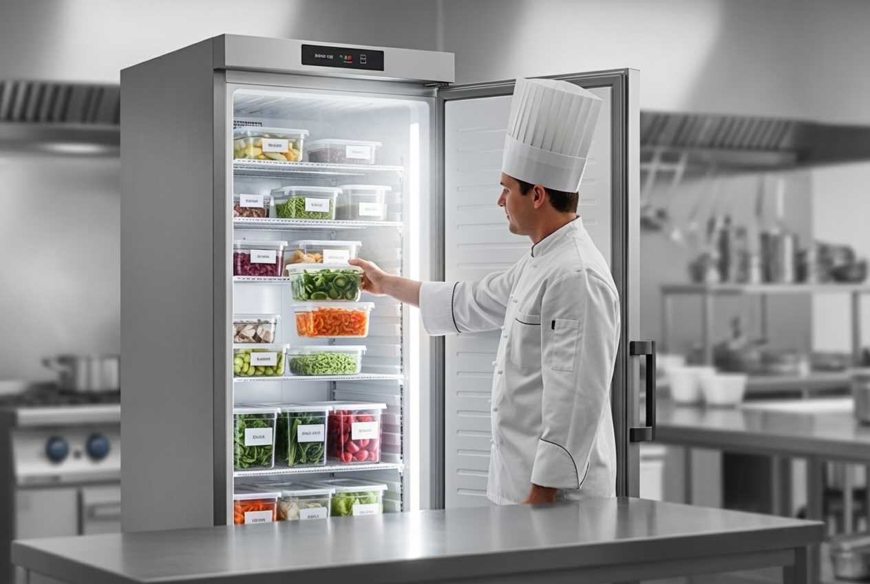 Chef accessing ingredients from a well-organized Foster freezer - foster commercial upright freezer