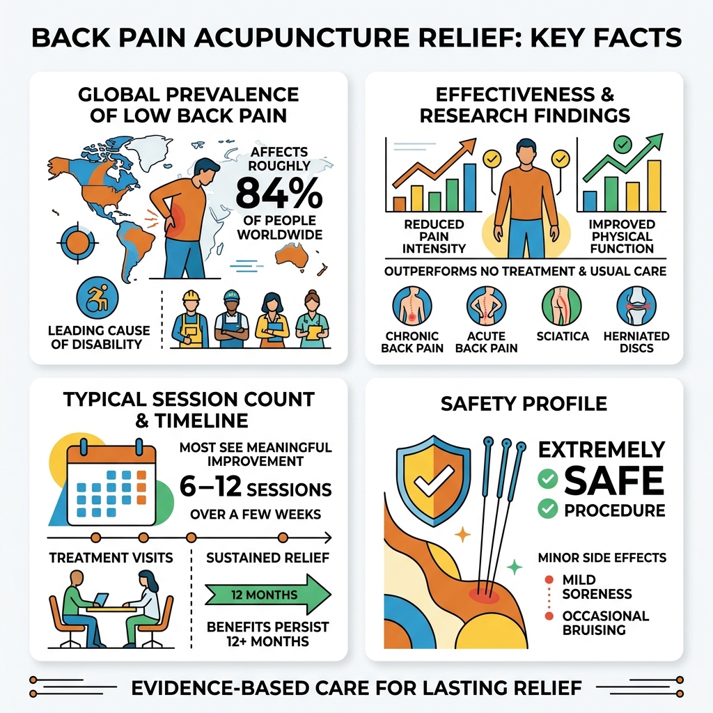 Infographic showing key facts about back pain acupuncture relief: prevalence, effectiveness stats, session count, and safety