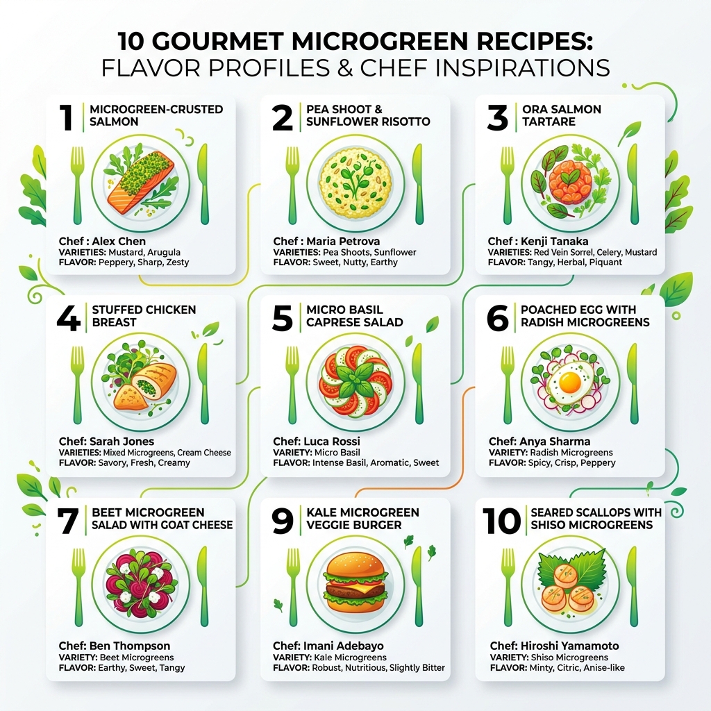 Infographic showing 10 gourmet microgreen recipes with chef names, key varieties, and flavor profiles - microgreens gourmet Infographic showing 10 gourmet microgreen recipes with chef names, key varieties, and flavor profiles - microgreens gourmet