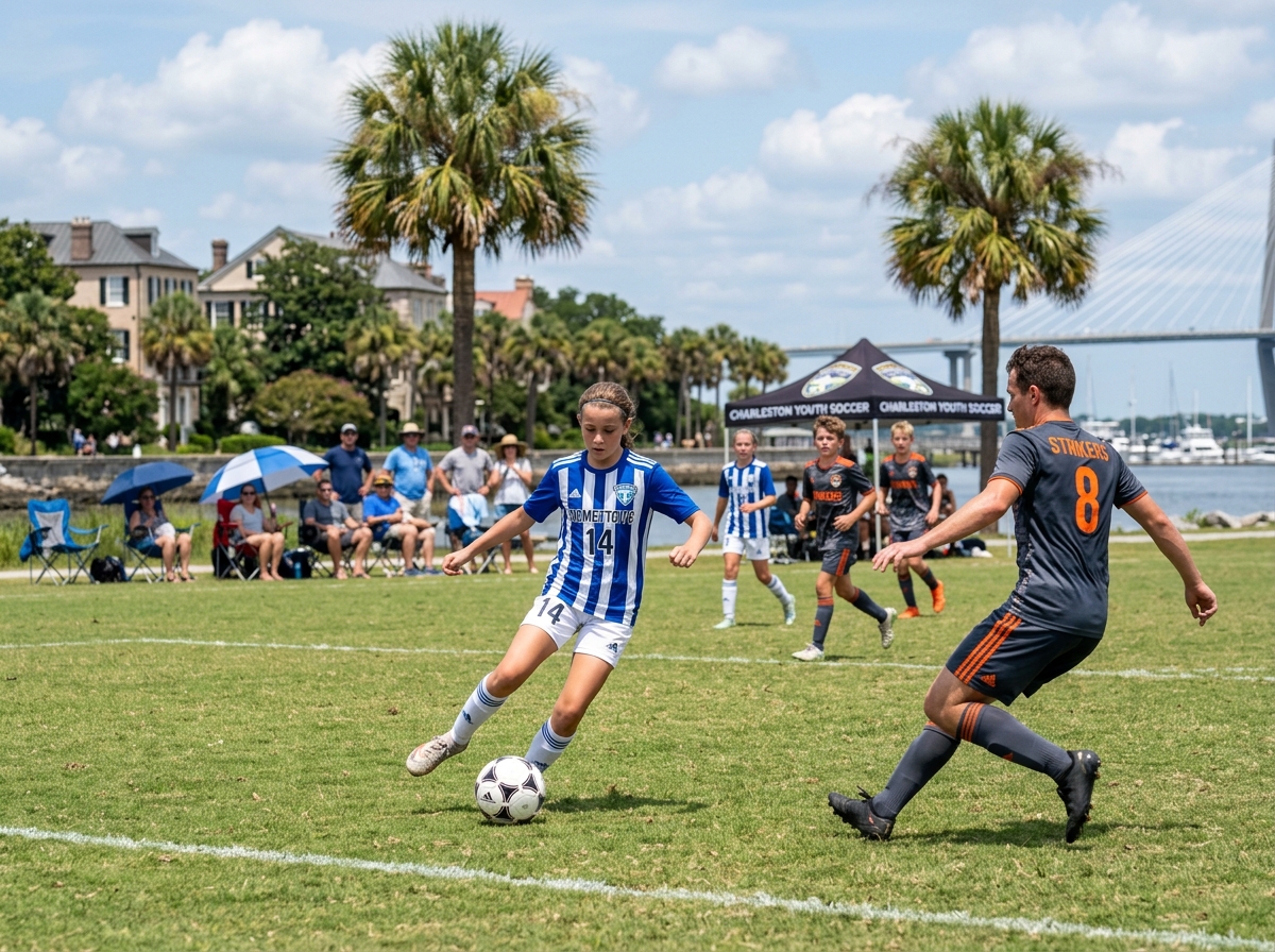 Soccer match in Charleston showing a player beating a defender with a quick turn - change direction dribbling drill
