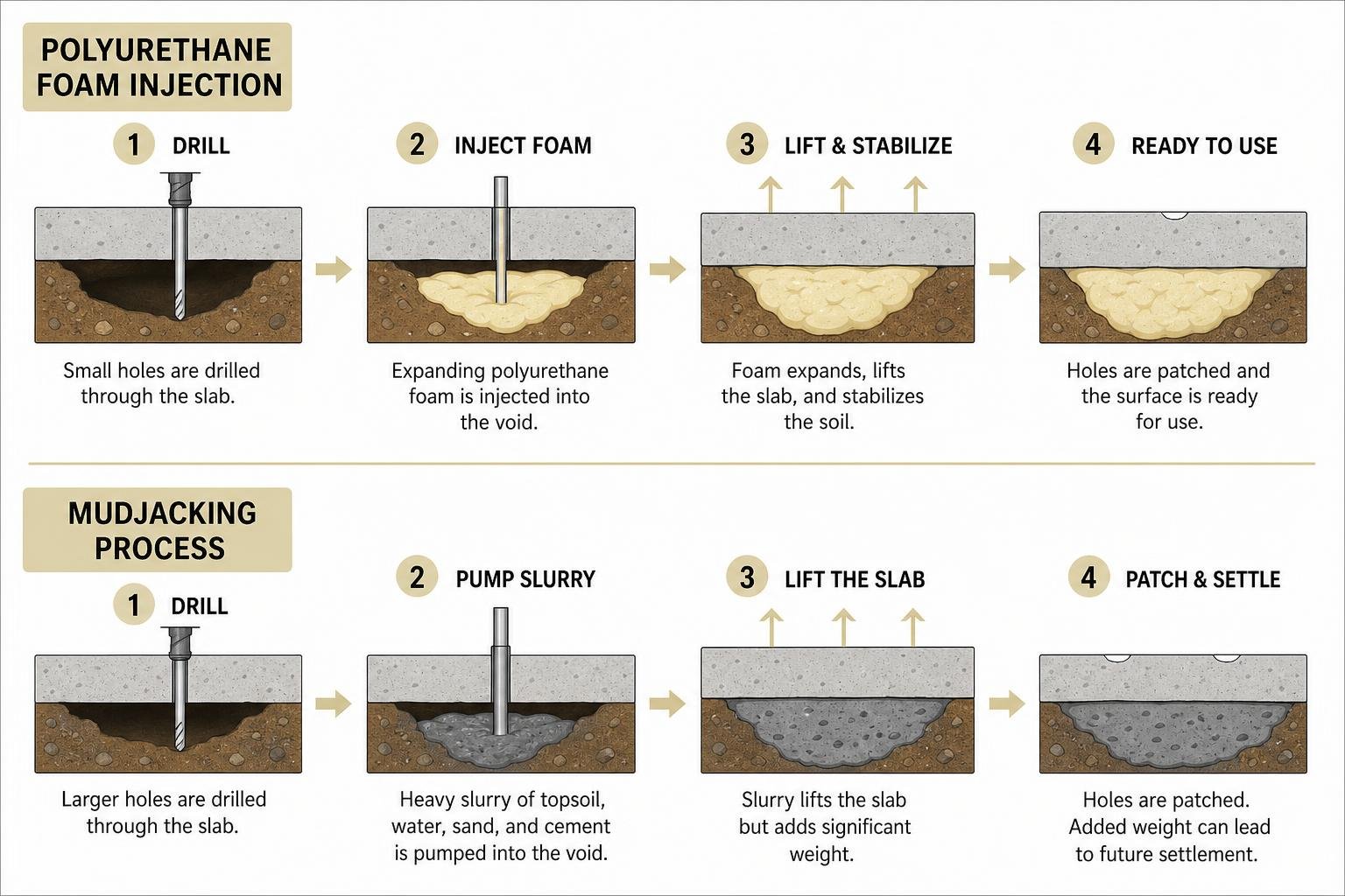 Polyurethane foam injection versus mudjacking process Polyurethane foam injection versus mudjacking process