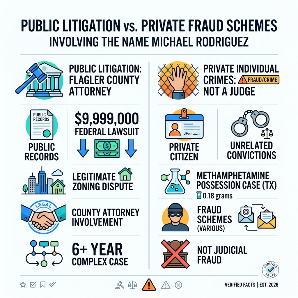 Infographic: Public litigation vs private fraud schemes involving the name Michael Rodriguez - Judge Michael Rodriguez scam Infographic: Public litigation vs private fraud schemes involving the name Michael Rodriguez - Judge Michael Rodriguez scam