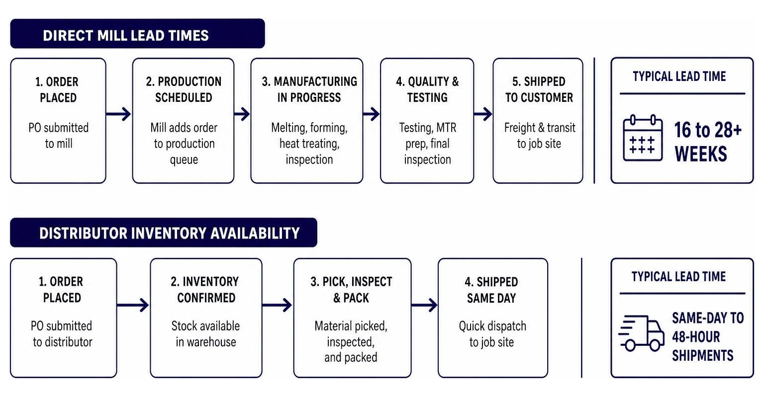 Diagram comparing direct mill lead times versus distributor inventory availability Diagram comparing direct mill lead times versus distributor inventory availability