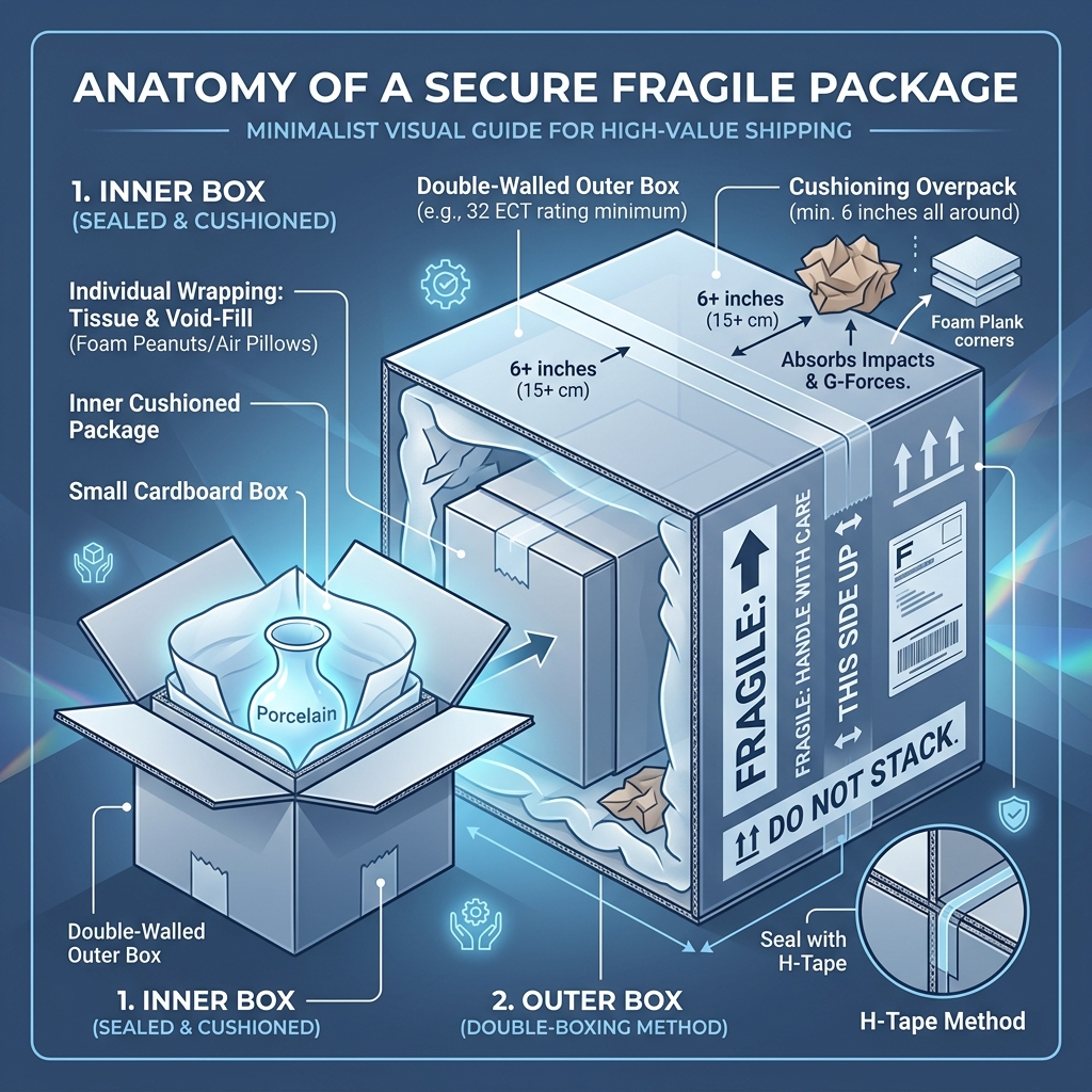 Anatomy of a secure fragile package showing layers of cushioning, box-in-box method, and labeling - fragile item shipping Anatomy of a secure fragile package showing layers of cushioning, box-in-box method, and labeling - fragile item shipping