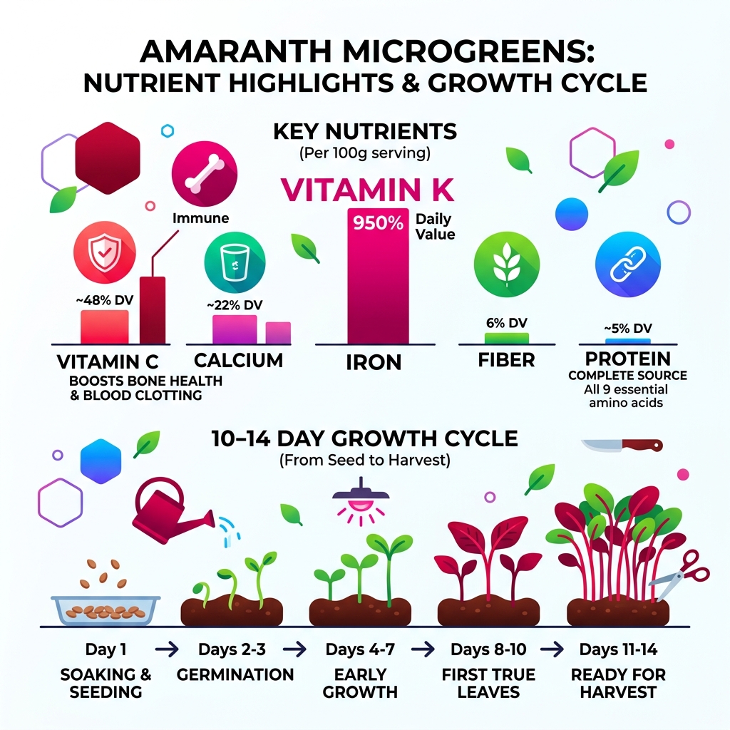 Infographic showing amaranth microgreens nutrient highlights and 10-14 day growth cycle - amaranth microgreens nutrition