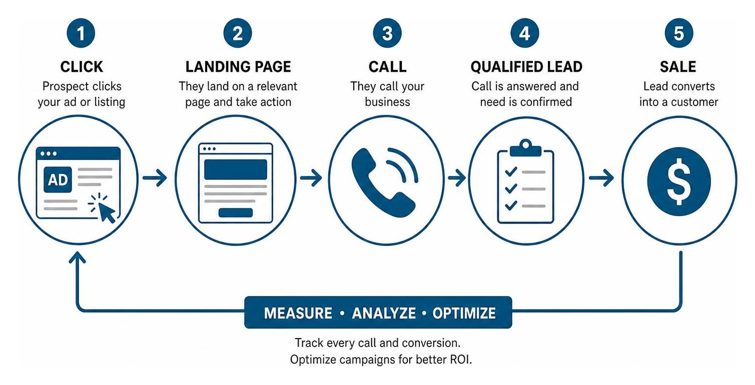 Diagram showing the digital marketing ROI loop from click to call to sale