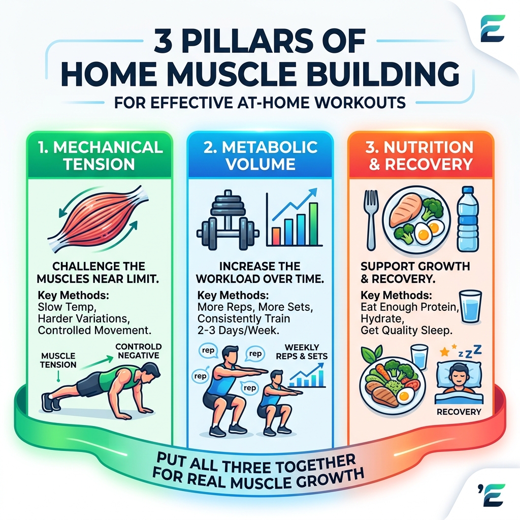 3 pillars of home muscle building: tension, volume, and nutrition infographic - at home workouts that build muscle 3 pillars of home muscle building: tension, volume, and nutrition infographic - at home workouts that build muscle